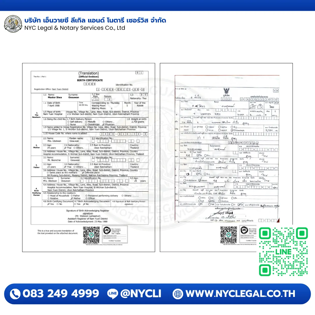 Sample legacy Thai birth certificate NAATI Certified translation