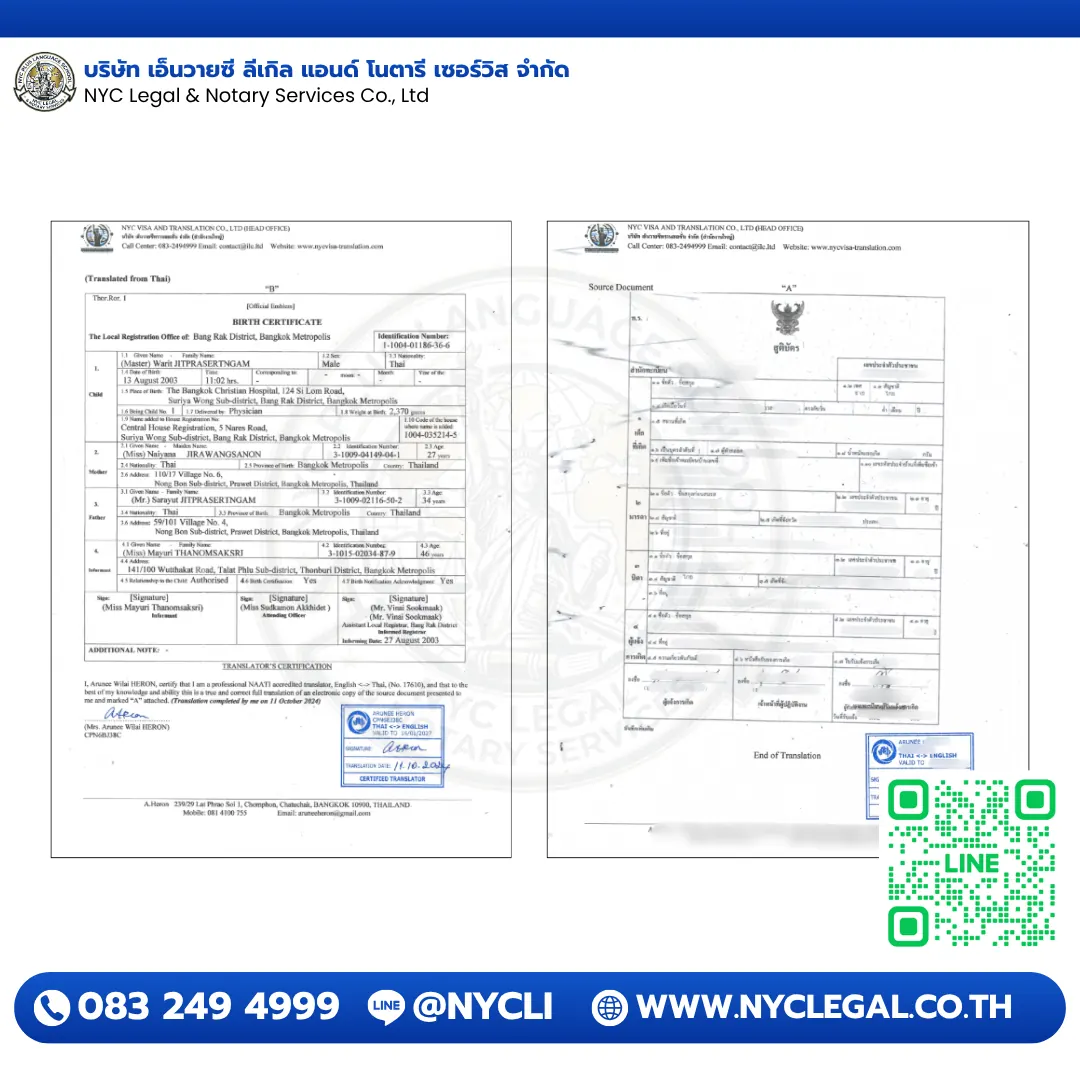 Sample modern Thai birth certificate Thor.Ror.1 NAATI translation